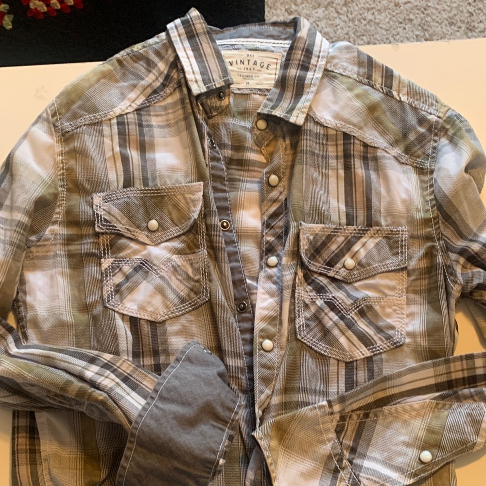 Vintage Men's Casual Plaid Shirt - Green and Brown